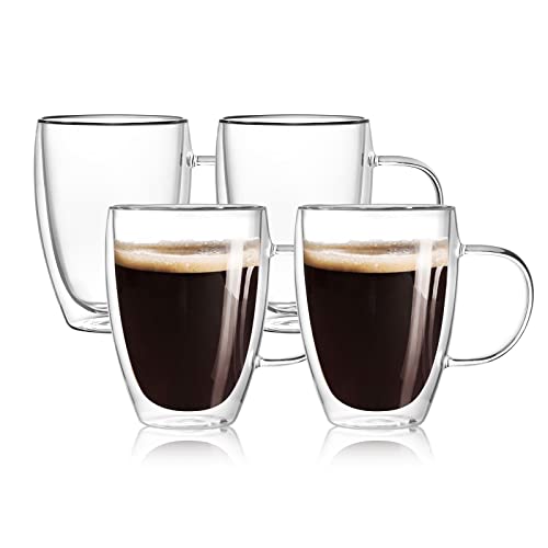 4-Pack 12 Oz Double Walled Glass Coffee Mugs with Handle,Insulated Layer Coffee Cups,Clear Borosilicate Glass Mugs,Perfect for Cappuccino,Tea,Latte,Espresso,Hot Beverage,Wine