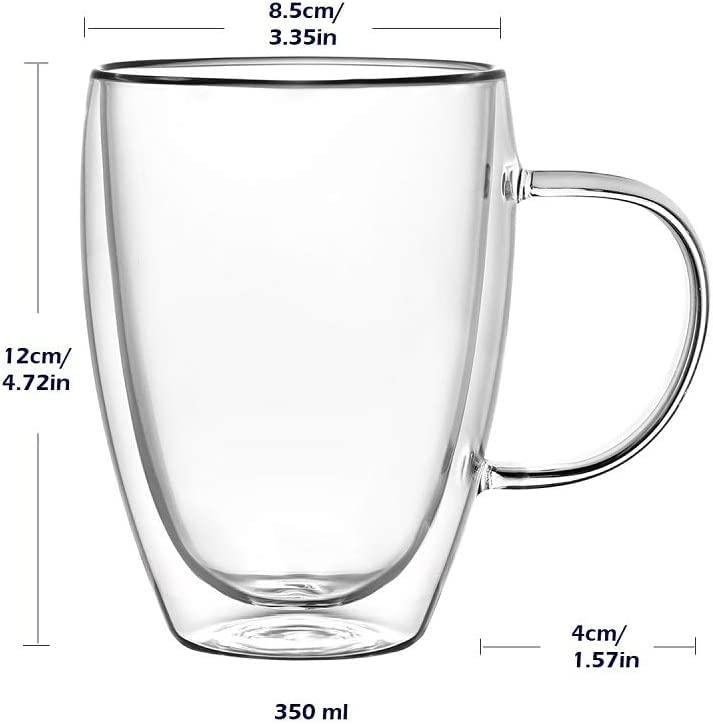 Double Wall Glass Coffee Mugs, (set Of 2) 12 Ounces-clear Glass Coffee Cups  With Handle,insulated Coffee Glass,cappuccino Cups,tea Cups,latte Cups,bev